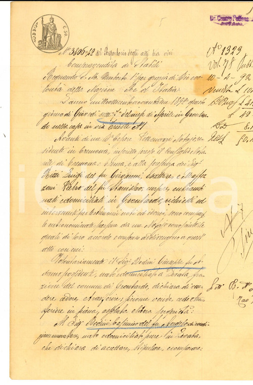 1892 LEVATA DI GRONTARDO Giuseppe BODINI vende a Casimiro BODINI casa e bottega
