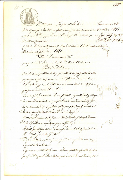 1871 SCANDOLARA RIPA D'OGLIO (CR) Giovanni e Lucia AMBROSI vendono casa con orto