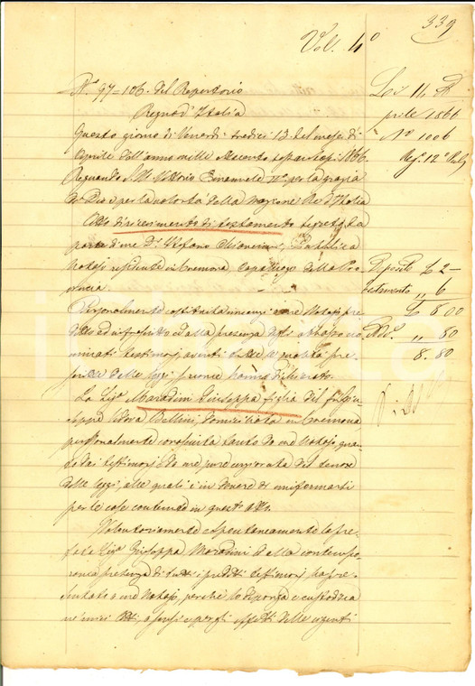 1866 CREMONA Deposito di testamento di Giuseppa MORADINI *Manoscritto