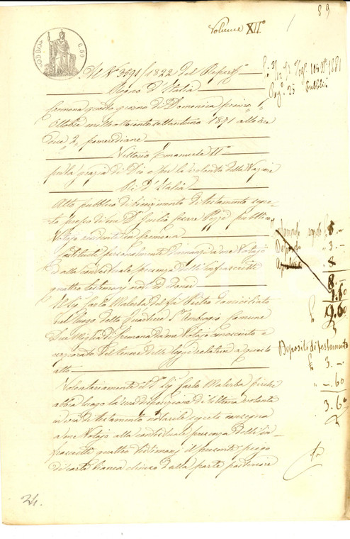 1861 DUEMIGLIA/ CREMONA Consegna testamento di Carlo MALERBA *Manoscritto