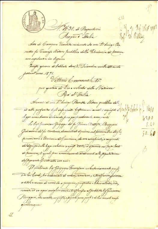 1871 CREMONA Giuseppe FORNASARI vende casa contrada PEGOGLIA a Giovanni RUGGERI