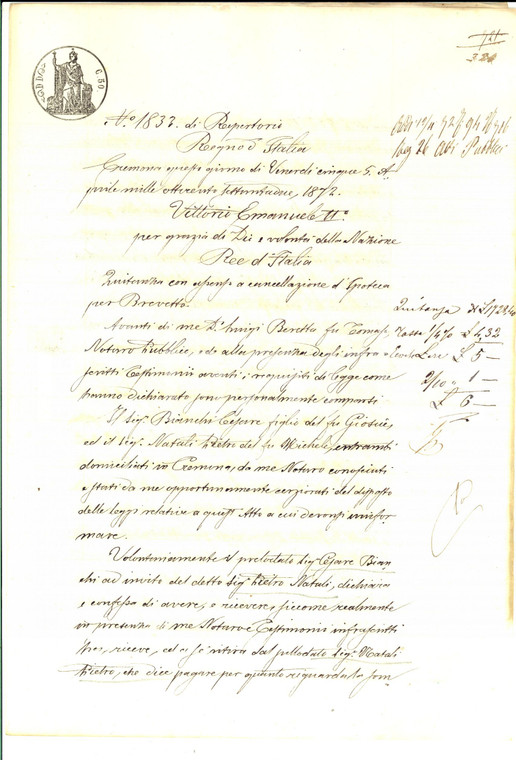 1872 CREMONA Quietanza di Cesare BIANCHI a Pietro NATALI *Manoscritto