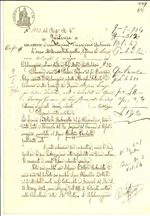 1904 RIVAROLO DEL RE (CR) Quietanza di Antonietta BOTTOLI a Luigi AMATI