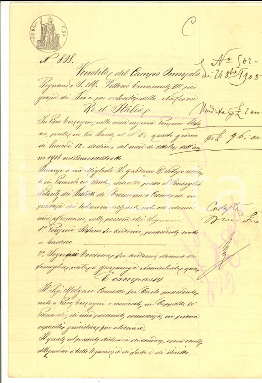 1908 PIEVE TERZAGNI Concetto MELGARI vende campo OMOZZOLO a Simome FILIPPINI