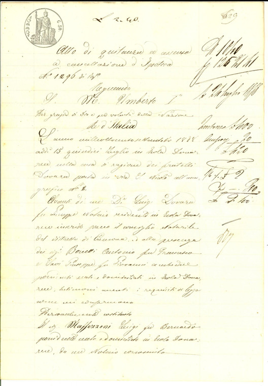 1878 ISOLA DOVARESE (CR) Quietanza di Luigi MAFFEZZONI ad Adelaide MANFREDI