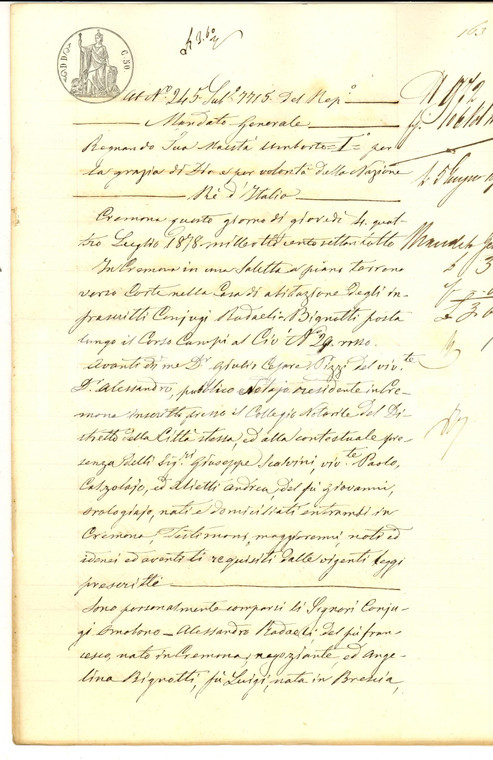 1878 CREMONA  Procura di Angelina BIGNOTTI al fratello Giuseppe *Manoscritto