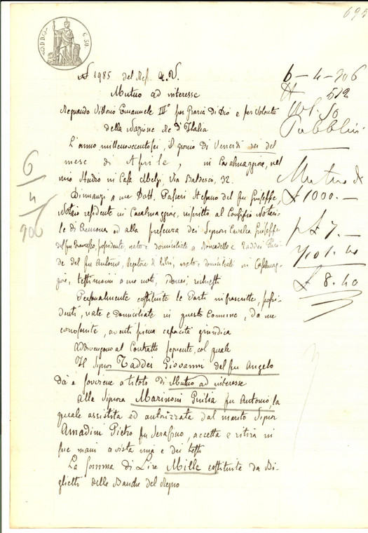 1906 CASALMAGGIORE (CR) Contratto mutuo tra Giovanni TADDEI e Giulia MARINONI