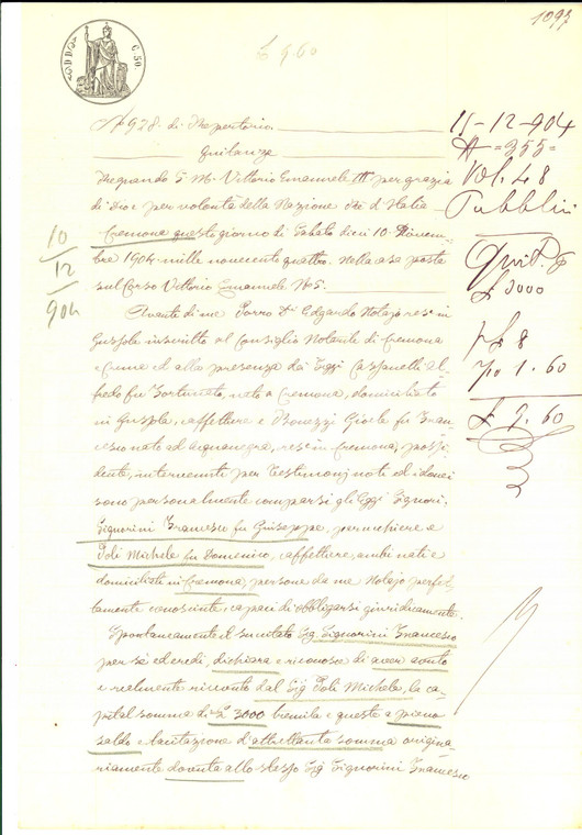 1904 CREMONA Quietanza di Francesco SIGNORINI a Michele POLI *Manoscritto