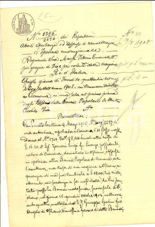 1908 OSTIANO Quietanza a Luigi FERRARI per prestito con casa in garanzia