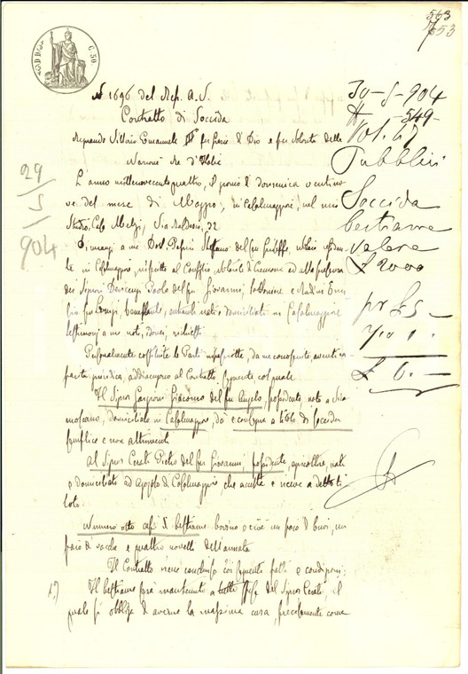 1908 CASALMAGGIORE (CR) Contratto di soccida per capretti a Pietro CERATI