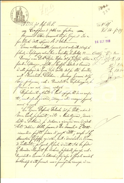 1908 PONTETERRA Confessione di debito di Delinda DEFEUDI verso Giuseppe AMADINI