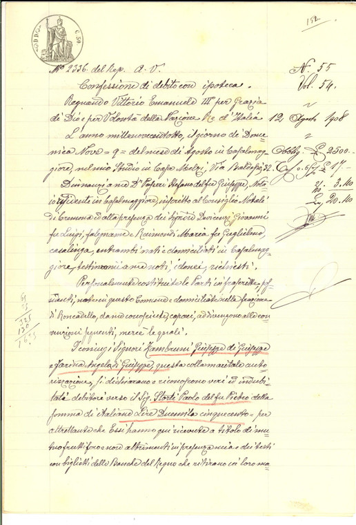 1908 CASALMAGGIORE Confessione di debito Giuseppe ZAMBRUNI verso Paolo STORTI