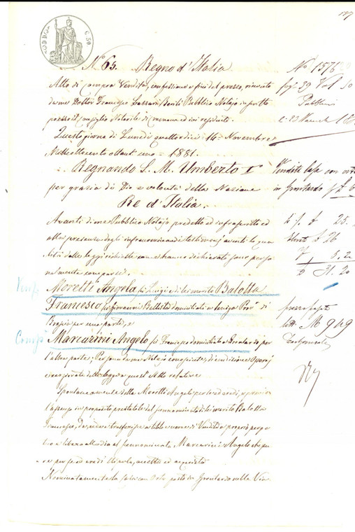 1881 GRONTARDO (CR) Angelo MORETTI vende casa con orto ad Angelo MARCARINI