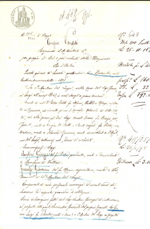 1898 SAN MARTINO DEL LAGO Luigi FERRARI vende campo a Giovanni FRACASSI