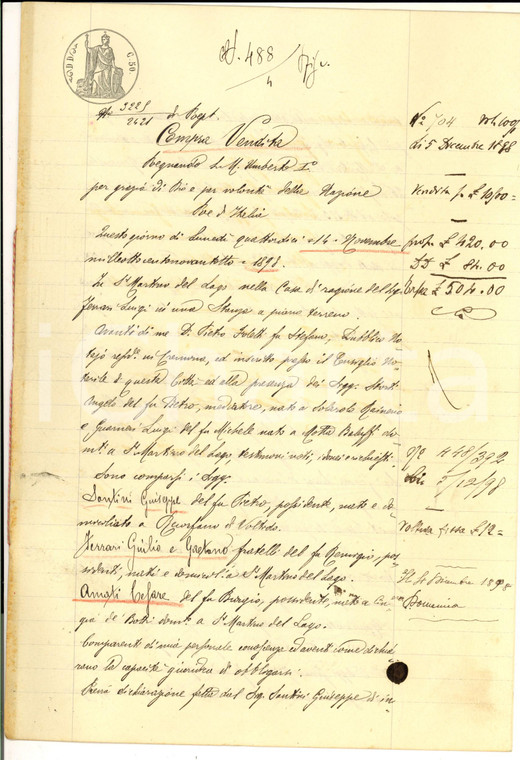 1898 SAN MARTINO DEL LAGO Giulio e Gaetano FERRARI vendono campo a Cesare AMATI