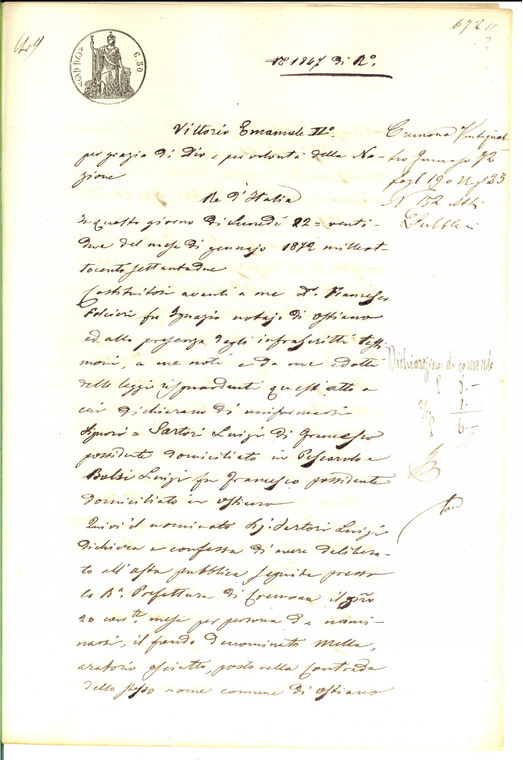 1872 OSTIANO (CR) Luigi BASSI acquista all'asta fondo MELLA *Manoscritto