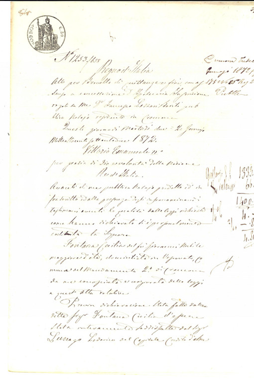 1872 VESCOVATO (CR) Quietanza Cecilia FONTANA a Lodovico LUZZAGO saldo debito