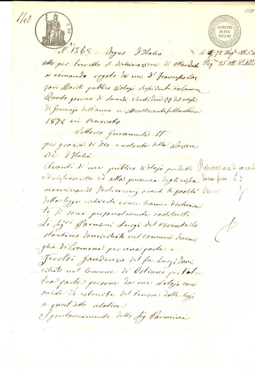 1871 OSTIANO (CR) Mandato a comando contratto Luigi PARMINI - Gaudenzio FEROLDI 