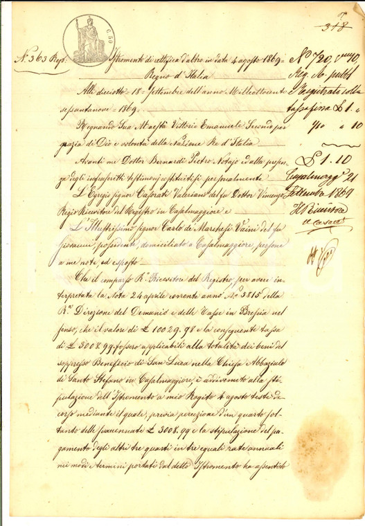 1869 CASALMAGGIORE Rettifica atto pro marchese Carlo VAINI su beneficio SAN LUCA