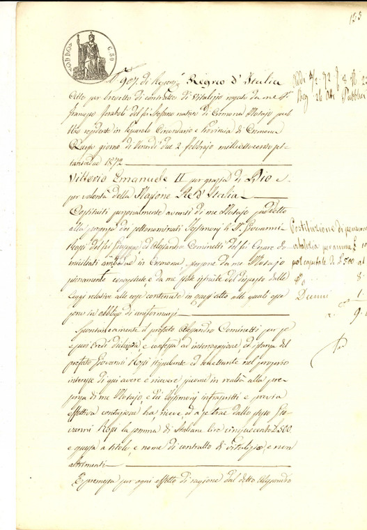 1872 CREMONA Costituzione di vitalizio Alessandro COMINETTI pro Giovanni ROSSI