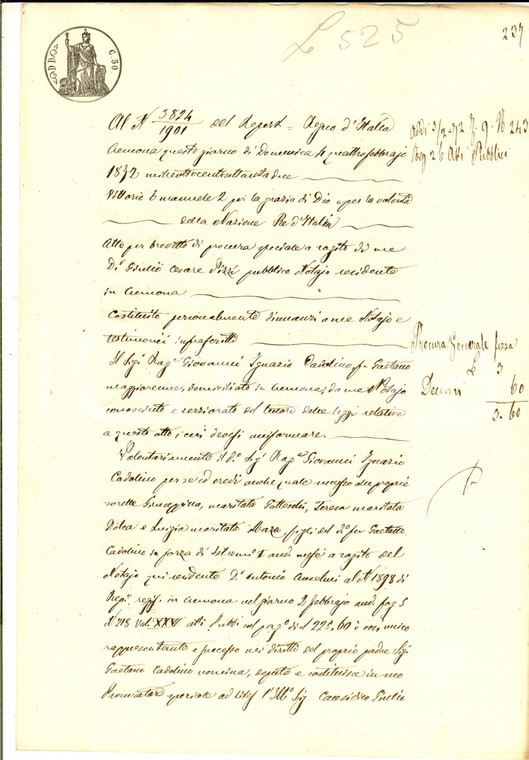 1872 CREMONA Procura di Giovanni Ignazio CADOLINO al padre Gaetano *Manoscritto