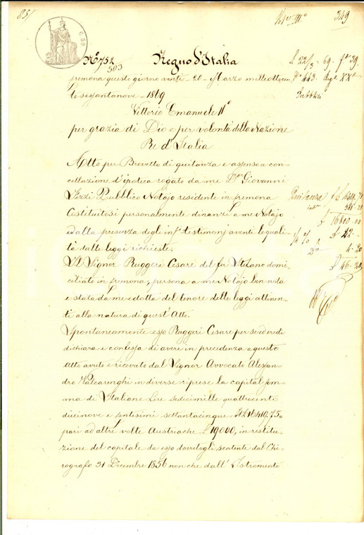 1869 CREMONA Quietanza di Cesare RUGGERI all'avv. Alessandro VALCARENGHI