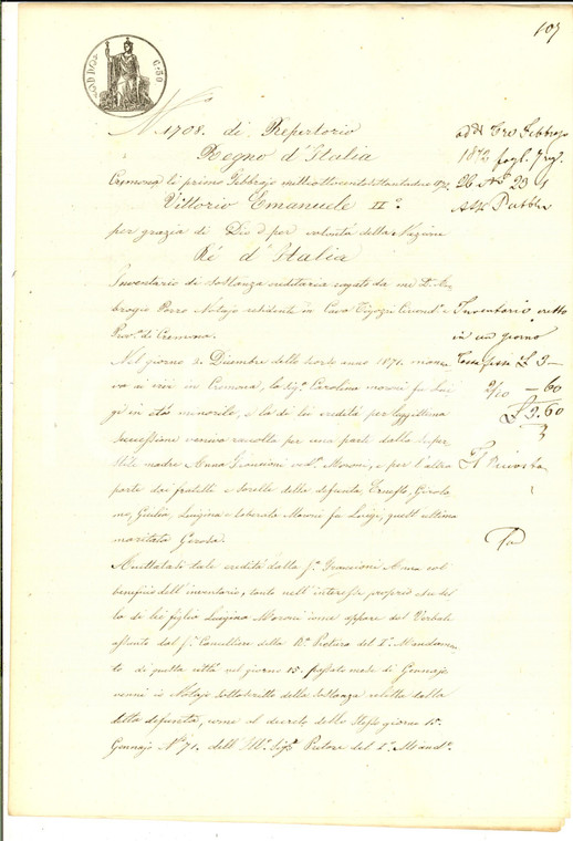 1872 CREMONA Inventario dei beni della defunta Carolina MORONI *Manoscritto