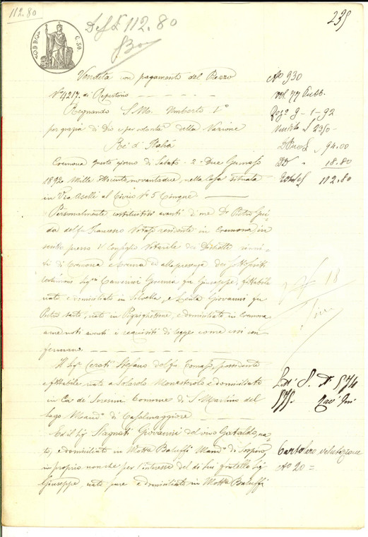 1892 MOTTA BALUFFI Stefano CERATI vende casa a Giovanni e Giuseppe STAGNATI