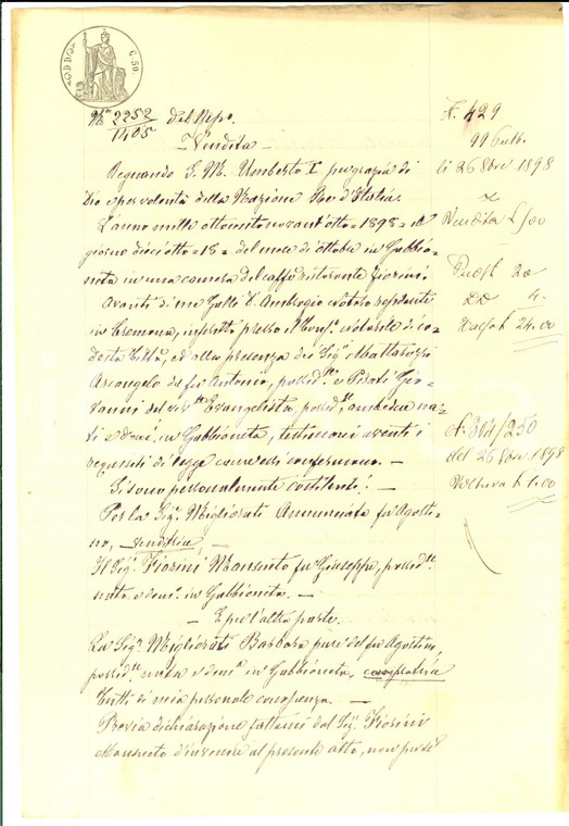 1898 GABBIONETA (CR) Mansueto FIORINI vende campo a Barbara MIGLIORATI