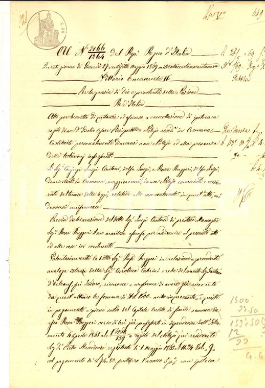 1869 CREMONA Quietanza Rosa RUGGERI su debito di Gaetano D'ORLEANS *Manoscritto