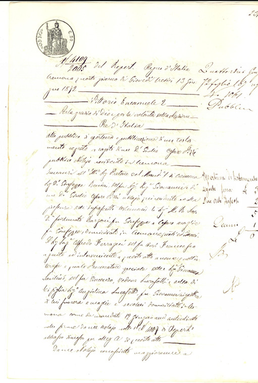 1872 CREMONA Apertura testamento di Giovanni LUCASETTI *Manoscritto