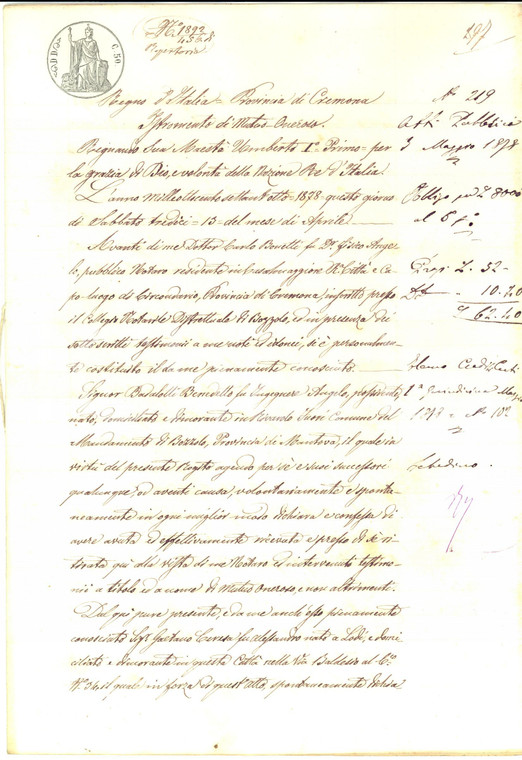 1878 BOZZOLO (MN) Contratto prestito tra Benedetto BADALOTTI e Gaetano CERESA