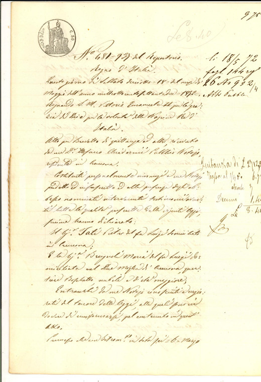 1872 CREMONA Quietanza a Pietro TATI per saldo debito a Maria BRUGNOLI