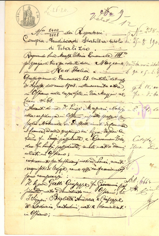 1908 OSTIANO (CR) Giuseppe GALLI vende fondo BODRI a Giuseppe e Andrea BIGLIETTI