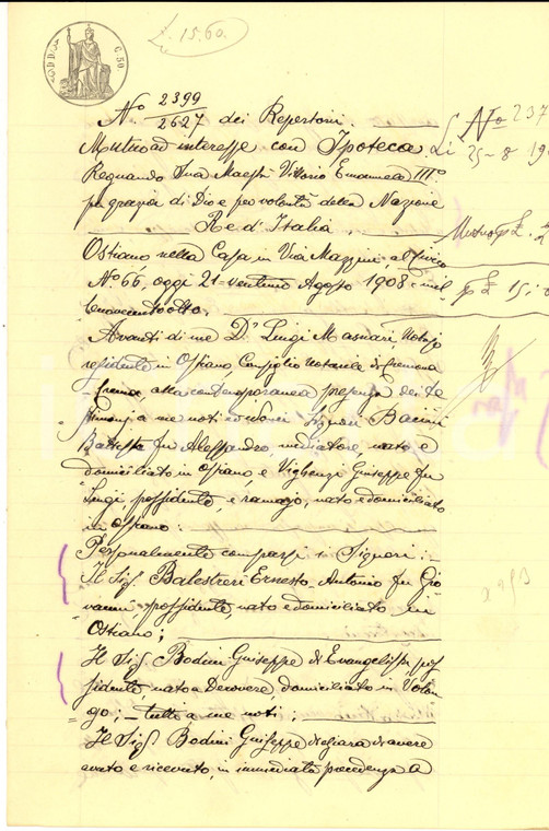 1908 OSTIANO (CR) Contratto prestito tra Giuseppe BODINI ed Ernesto BALESTRERI