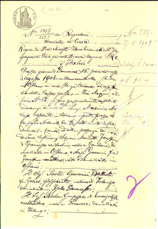 1908 VOLONGO (CR) Giovanni SUSTA vende casa ereditata a Giuseppe BODINI