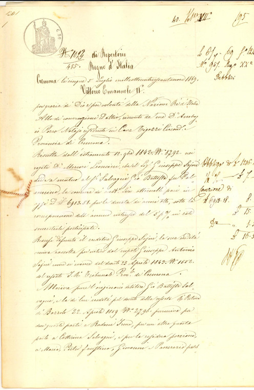 1869 CREMONA Attilio BOSELLI salda debito eredi SALVAGNI alla ditta SAJNI