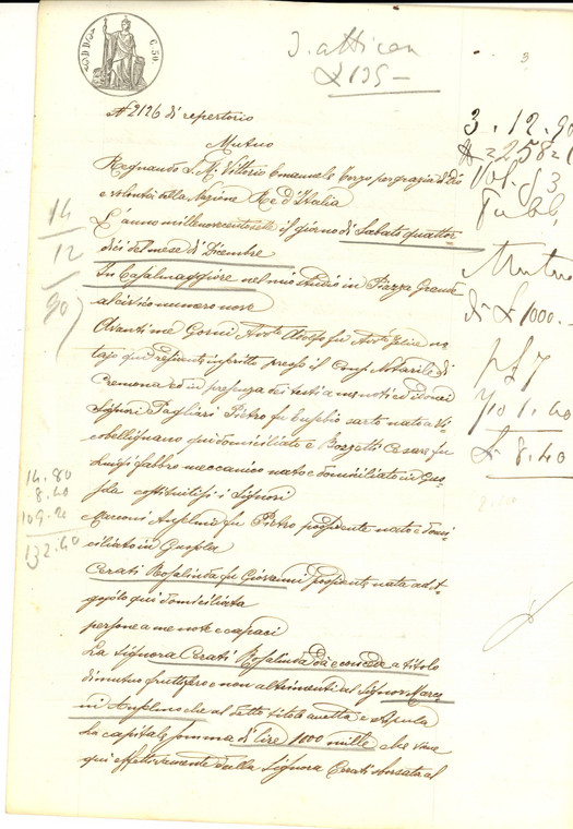1907 CASALMAGGIORE (CR) Contratto mutuo tra Rosalinda CERATI e Anselmo MARCONI