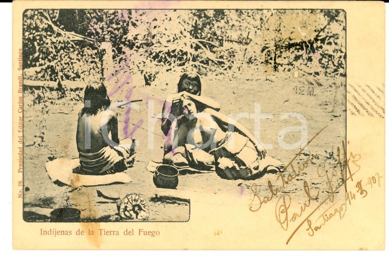 1907 EROTICA VINTAGE SANTIAGO DEL CILE Indigene distese *Cartolina FP VG