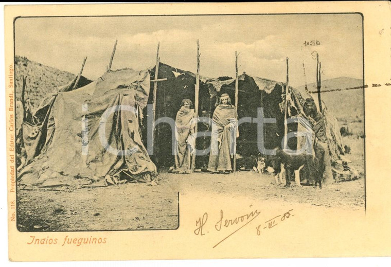 1905 CILE Famiglia di indigeni della TERRA DEL FUOCO *Cartolina VINTAGE FP VG