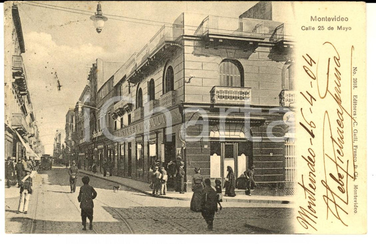 1904 MONTEVIDEO (URUGUAY) Calle 25 de Mayo *Cartolina postale ANIMATA FP VG