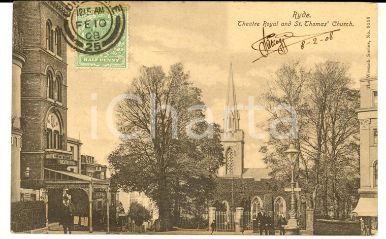 1908 RYDE (UK) Theatre Royal and St. Thomas' church *VINTAGE postcard FP 