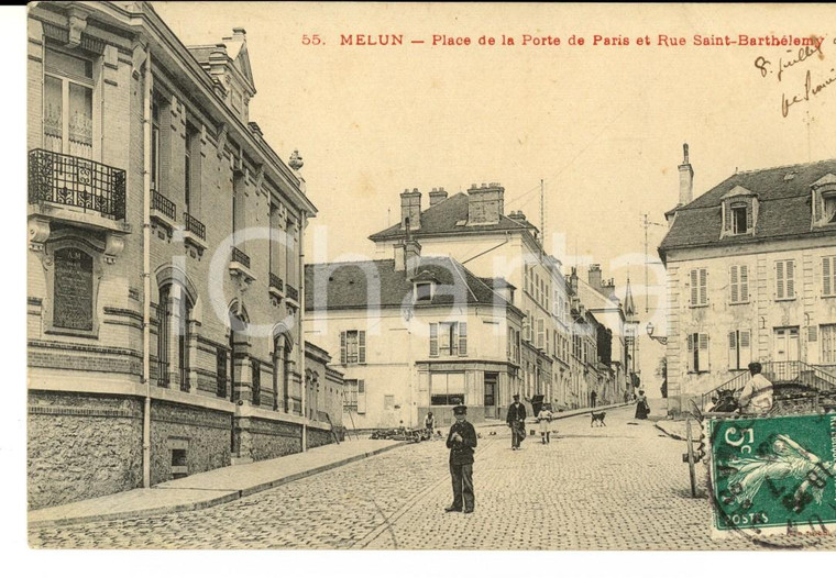 1907 MELUN (F) Place de la Porte de Paris et rue SAINT-BARTHELEMY Carte postale 