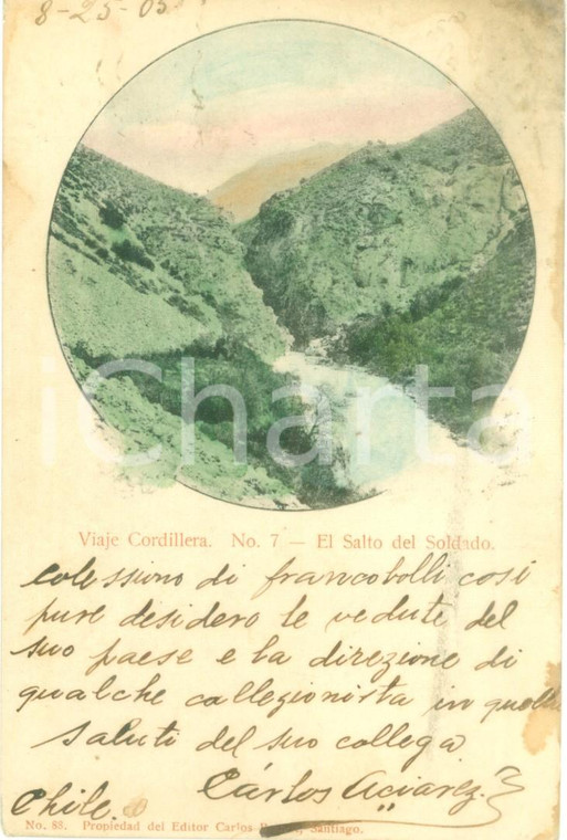 1905 CHILE Viaje Cordillera El Salto del Soldado *Cartolina postale FP VG
