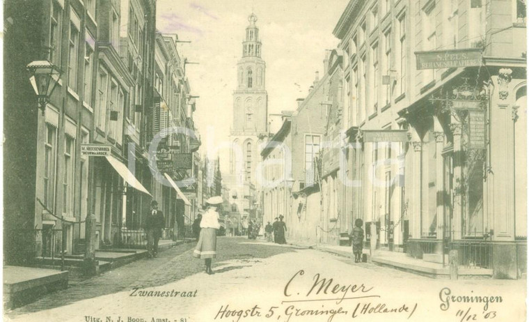 1903 GRONINGEN (DE) Dame e gentiluomini in ZWANESTRAAT *Cartolina ANIMATA FP VG