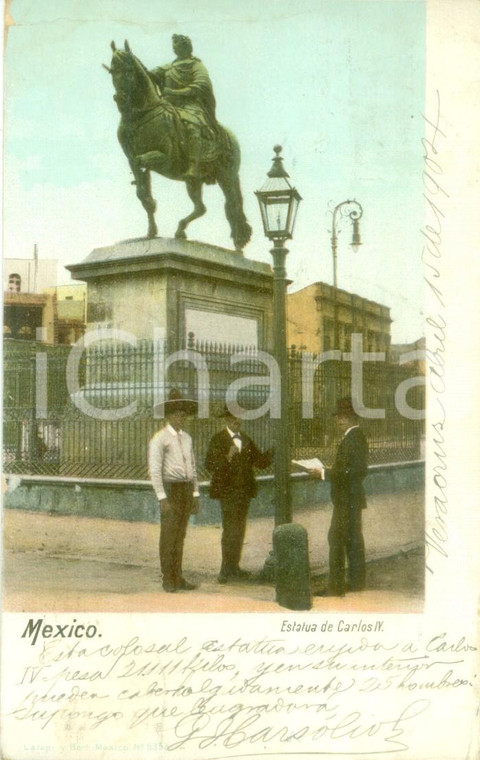 1904 MEXICO CITY Estatua de CARLOS IV *Cartolina ANIMATA FP VG