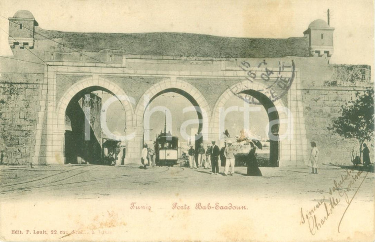 1904 TUNISI Tram elettrico alla porta BAB SAADOUN *Cartolina ANIMATA FP VG