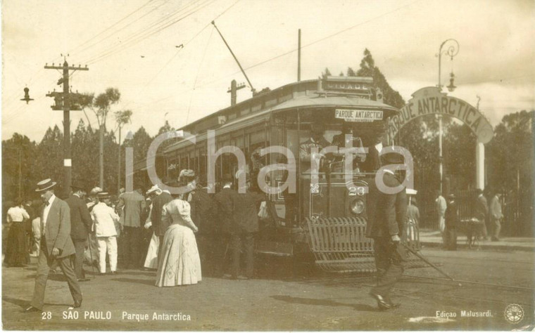 1908 SAO PAULO Borghesi sul tram elettrico del PARQUE ANTARCTICA Cartolina FP VG