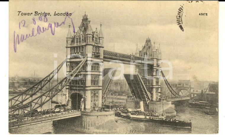 1910 ca LONDON Tower Bridge *Cartolina ILLUSTRATA ANIMATA con nave