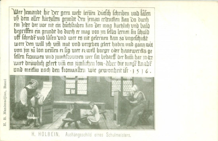 1900 ca Hans HOLBEIN Aushängeschild eines Schulmeisters *Cartolina postale FP NV
